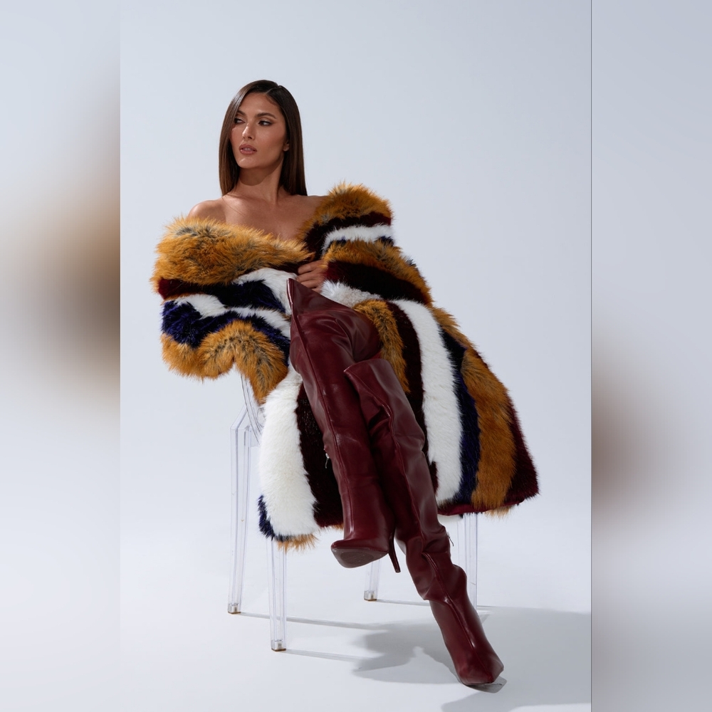 ALAIA NAVY BURGUNDY WHITE TAN STRIPED FAUX FUR - L/XL NWT